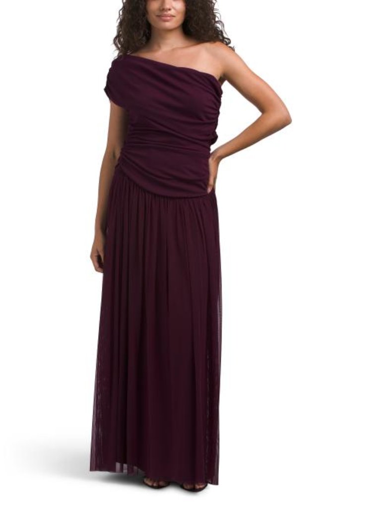 Betsy & Adam Long Ruched Off The Shoulder Gown